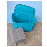 Turquoise Storage Bin with Lid and Metal Dish Rack