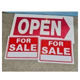 Lot of 3 Business Signs: Open, For Sale, For Sale