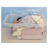 Clear Storage Bin with Assorted Linens and Textile