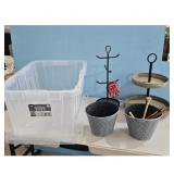 Storage Tote and Metal Display Stands Lot