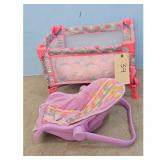 Doll Crib and Car Seat Set Pink Purple Hearts Rain