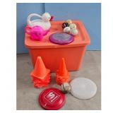 Orange Storage Bin with Sports Toys and Cones