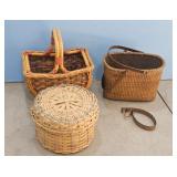 Woven Basket Lot - Picnic Basket, Round Lidded Bas