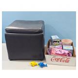 Storage Ottoman and Coca-Cola Box with Toys and Ac