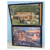 Lot of 2 Framed Puzzles - Amish Barn Raising & Duc
