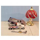 Coca-Cola Lamp, Tow Truck Toy, and Remote Control