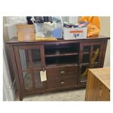 Dark Wood TV Stand Media Console with Glass Doors