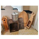 Vintage Wooden Crate, Steamer Pot, Birdhouse & Bun