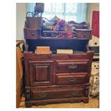 Antique Wooden Cabinet with Watering Can and Soap