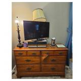 Vintage Wooden Dresser with VIZIO TV and Lamp