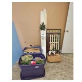 Christmas Decor Lot with Skis, Santa figures, and