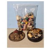 Vintage Sewing Notions Lot Spool Holder Tin and Pi