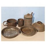 Vintage Metal Lot: Gas Can, Mugs, Pans, and Dome