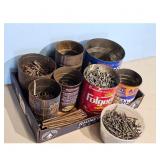 Assorted Nails and Fasteners in Coffee Cans and Co