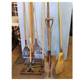 Lot of Garden Tools: Rakes, Shovel, Broom