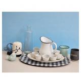 Vintage Enamel Pitcher Set with Cups and Decorativ