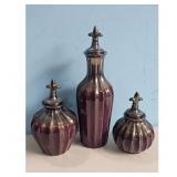 Set of 3 Purple Ceramic Decorative Jars with Lids
