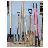 Lot of Garden Tools: Shovel, Pitchfork, Rakes, and