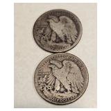 2 WALKING LIBERYT HALVES-1918 & UNKNOWN DATE-WORE