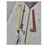 Lot of Yard Tools: Rake, Clamp, Sledgehammer, Lopp