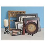 Primitive Americana Decor Lot - Framed Art, Plate,