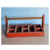 Vintage Red Wooden Tool Caddy Organizer with Handl