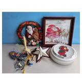 Christmas Decor Lot: Santa Wreath, Framed Art, Lig