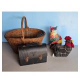 Vintage Lunch Box, Wicker Basket, and Decorative C
