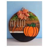 Hello Fall Round Wooden Door Hanger Sign with Pump