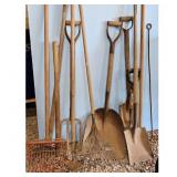 Vintage Garden Tools Lot - Shovels, Rake, Pitchfor