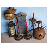 Rustic Farmhouse Decor Lot - Lantern, Candlesticks