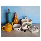 Ceramic Lot: Yellow Teapot, Blue Bottle, Orange Bo
