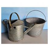 Vintage Galvanized Metal Watering Can and Bucket S