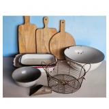 Lot of 3 Wooden Cutting Boards, Wire Basket, Ename