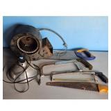 Vintage Blower Fan, Work Lamp, and Hand Saws Lot