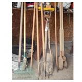 Lot of Assorted Garden Tools: Rake, Shovel, Pitchf