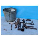 Vintage Galvanized Bucket and Assorted Metal Tools