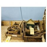 Vintage Cast Iron Wheel and Wooden Crate Lot