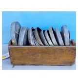 Ford Motor Company Hubcaps Set in Wooden Crate