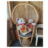 Vintage Peacock Wicker Chair with Teddy Bears