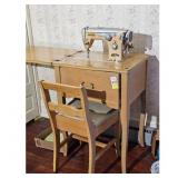 Vintage White Sewing Machine with Cabinet and Chai