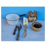 Vintage Enamel Pot, Garden Tools, Wall Planter & D