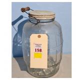 Vintage Glass Barrel Jar with Metal Lid and Wooden