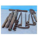 Vintage Hand Tools Lot - Augers, Trowel, and Handl