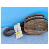 Vintage Wooden Pulley Block with Hook