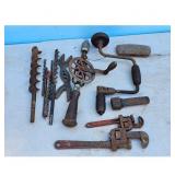 Vintage Hand Tools Lot - Brace Drill, Wrenches, Bi