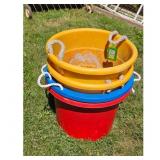 Set of 4 Plastic Buckets Yellow Red Blue with Rope