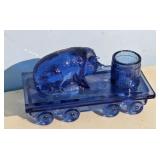 Vintage Blue Glass Pig on Flatcar Toodpick Holder