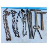 Vintage Blacksmith Tools Lot - Chains, Pliers, Ham