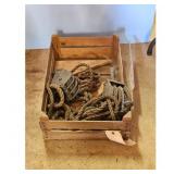 Vintage Wooden Crate with 2 Pulley Blocks and Rope